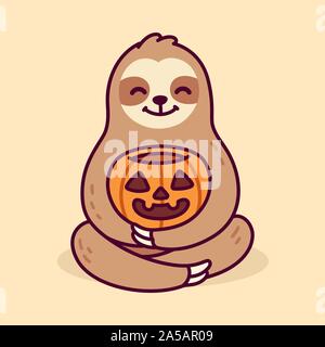 Cartoon carino bradipo azienda zucca di Halloween. Funny disegnati a mano vettore di carattere clip art illustrazione. Illustrazione Vettoriale