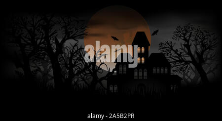 Haunted House con la luna piena di eclipse e pipistrelli alla notte di Halloween Foto Stock