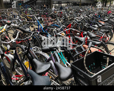 Amsterdam, Paesi Bassi - 21 AGO 2019: migliaia di bicylces sono parcheggiate in lunghe file di rastrelliere per biciclette di fronte a Amsterdam Centraal della stazione ferroviaria. Foto Stock