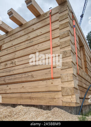 Dettaglio del quadrato delle travi nella parete della cabina. Non verniciato legno ancora. Angolo di una casa in legno in costruzione. Foto Stock