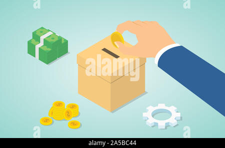 Concetto di donazione con mano dare soldi a donare con il denaro e le donazioni box con vista isometrica moderno stile piatto - illustrazione vettoriale Foto Stock