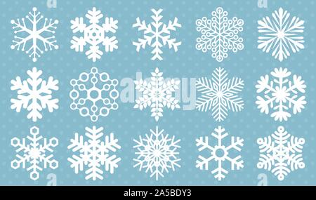 Design piatto fiocchi di neve linea vector icon set. Illustrazione Vettoriale