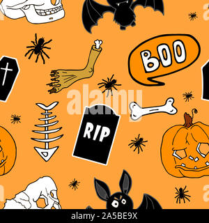 Festa di Halloween seamless pattern. Arancione sfondo infinito con cat, zucche, teschi, pipistrelli, ragni, fantasmi, ossa, caramelle, spider web e il parlato Foto Stock