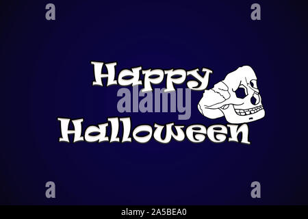 Happy halloween testo su carta con zucca e cranio. illustrazione su sfondo blu scuro Foto Stock