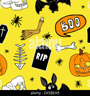 Festa di Halloween seamless pattern. Giallo sfondo infinito con zucche, teschi, pipistrelli, ragni, ossa, e discorso bolla con boo. Foto Stock