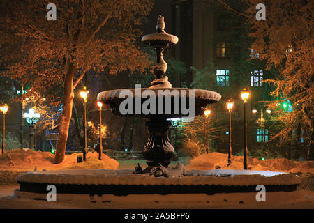 Kiev, Ucraina - 14 dicembre 2018: antica fontana ricoperta di neve. Inverno o Mariinsky Khreshcatyi parco sotto l'illuminazione notturna Foto Stock