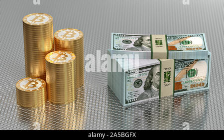 Pile di Bitcoins e 100 banconote di dollari - 3D Rendering Foto Stock