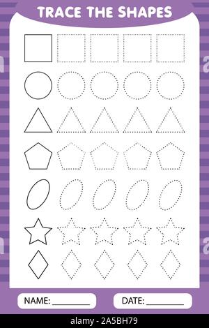 Di apprendimento per i bambini, attività di disegno. semplice lezione figure. tracciare le forme geometriche attorno al contorno - cerchio, quadrato, romboidale, triangolare, ovale, Illustrazione Vettoriale