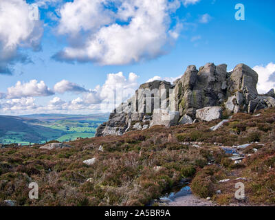 Un roccioso, macina affioramento nei pressi di Simon sul sedile Barden cadde in Yorkshire Dales, England, Regno Unito Foto Stock