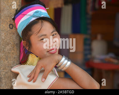Giovani belle Myanmarese Kayan Lahwi giraffa donna ("donna giraffa") con ottone tribale collo anelli/bobine pone per la fotocamera. Foto Stock