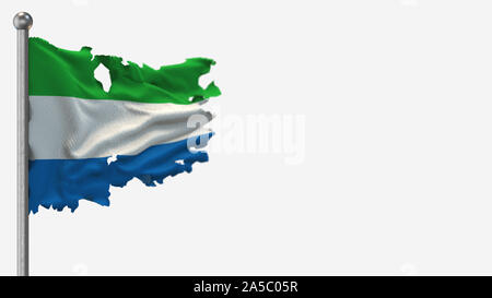 Sierra Leone 3D strappati sventola bandiera illustrazione sul pennone. Isolato su sfondo bianco con spazio sul lato destro. Foto Stock