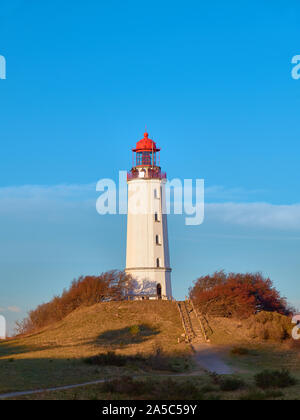 Faro bianco Dornbusch sull isola Hiddensee nel Meclemburgopomerania Occidentale, Germania settentrionale, su una luminosa giornata autunnale, su di una collina con foglie di autunno. Foto Stock