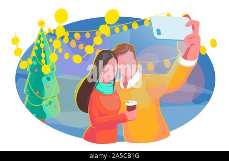 Inverno giovane tenendo selfie blogging con albero di Natale illustrazione. Il concept design party, nuovo anno celebrazione. Outdoor city xmas concetto. Vacanza romantica vettore isolato di sfondo su bianco Illustrazione Vettoriale