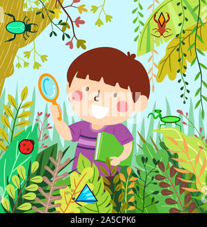 Illustrazione di un ragazzo di capretto tenendo la lente di ingrandimento e un libro in cerca di insetti nel selvaggio Foto Stock
