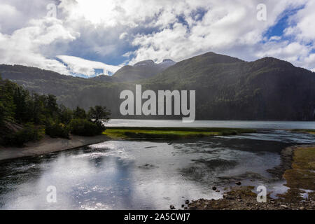 Vista scena di color turchese del lago verde a Los Alerces National Park, Patagonia, Argentina Foto Stock