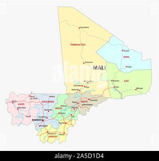 Strada e mappa amministrativa della Repubblica del Mali Illustrazione Vettoriale
