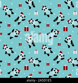 Natale seamless pattern con grazioso panda orsi. Animali divertenti con presenta e fiocchi di neve su fondo azzurro. Vector illustartion. Illustrazione Vettoriale