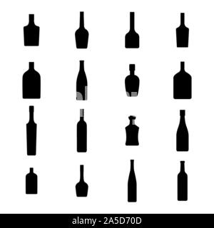 Bottiglie di alcol set di icone. Silhouette in nero su sfondo bianco, illustrazione vettoriale. Illustrazione Vettoriale