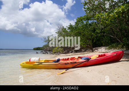 Canoa kayak di rosso e di giallo gaudeloupe spiaggia blu cielo Foto Stock