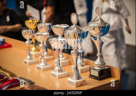 Campione d'oro vincitore di premi e trofei medaglie allineate in righe. Messa a fuoco selettiva Foto Stock