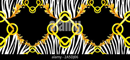 Seamless Golden barocca con Zebra Pattern su sfondo nero. Pronto per la stampa tessile. Foulard di seta Pattern. Foto Stock