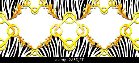 Seamless Golden barocca con Zebra Pattern su sfondo nero. Pronto per la stampa tessile. Foulard di seta Pattern. Foto Stock