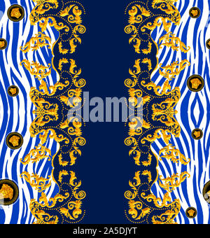 Seamless Golden Pattern barocca con Zebra per tessuto. Trendy moda di ripetizione della stampa. Lusso moderno, Versace oro su sfondo blu scuro pronto per Foto Stock