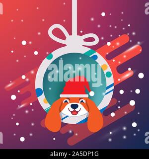 Etichetta di natale con cristal la sfera e la cute cane usura della testina Red hat sulla colorata gradiente dello sfondo. Illustrazione Vettoriale. Illustrazione Vettoriale