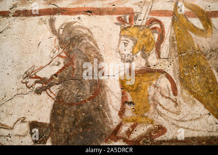 Lucano tomba dipinta o pittura romana di un guerriero di Homecoming o soldato romano o Cavalryman a cavallo Andriulo, Paestum 370-360BC Italia Foto Stock