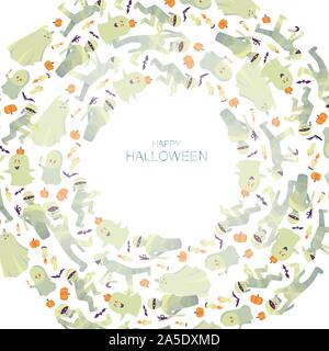 Vector festa di Halloween invito o un biglietto di auguri Modello. Simboli tradizionali. Telaio Creative, cerchio di fantasmi volanti, mummie, candele, pipistrelli e Illustrazione Vettoriale
