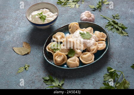 Gnocchi di carne fatti in casa serviti con panna acida e prezzemolo fresco su piatto. Cibo tradizionale russo: Pelmeni, ravioli Foto Stock