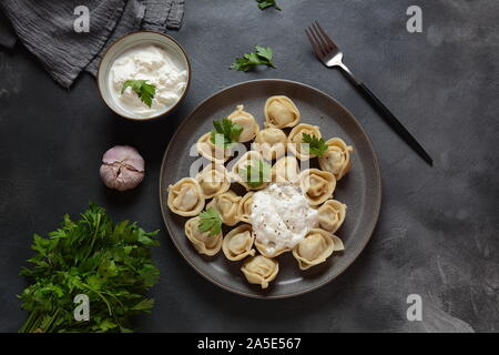 Gnocchi di carne fatti in casa serviti con panna acida e prezzemolo fresco su piatto. Cibo tradizionale russo: Pelmeni, ravioli Foto Stock