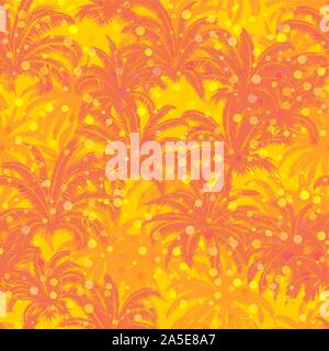 Sfondo senza giunture, alberi di palma tropicali, corone con foglie di colore rosso e giallo Tile Pattern. Vettore Illustrazione Vettoriale