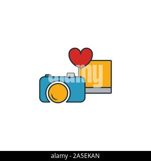 Foto icona set. Quattro elementi in diversi stili dalla luna di miele raccolta di icone. Creative icone foto riempito, del contorno colorato e simboli di Piana Illustrazione Vettoriale