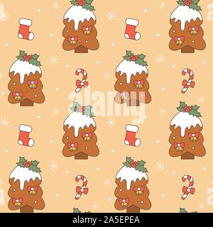 Carino colorato vacanze vettore seamless pattern illustrazione dello sfondo con albero di natale, i fiocchi di neve, candy cane e calze Illustrazione Vettoriale