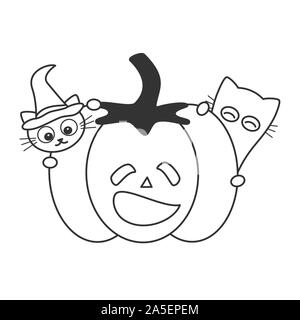 Cartoon carino halloween in bianco e nero illustrazione vettoriale con zucca e gatti vacanze divertenti per la colorazione di arte Illustrazione Vettoriale