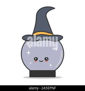 Cartoon carino carattere vettoriale sfera di cristallo con witch hat funny halloween illustrazione isolati su sfondo bianco Illustrazione Vettoriale
