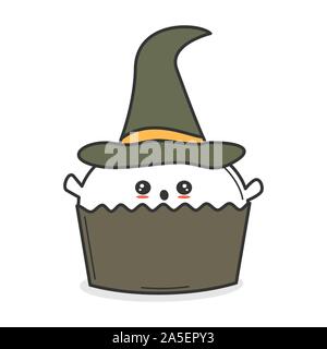 Cartoon carino vettore con ghost witch hat cupcake funny halloween illustrazione isolati su sfondo bianco Illustrazione Vettoriale