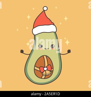 Simpatico personaggio dei cartoni animati di natale di avocado con santa hat divertente illustrazione vettoriale per biglietto di auguri Illustrazione Vettoriale