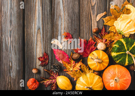 Autunno ringraziamento e zucche di Halloween, foglie, squash, frutti di bosco e i dadi su tavola in legno rustico sfondo. Appartamento laico, vista dall'alto con spazio di copia Foto Stock