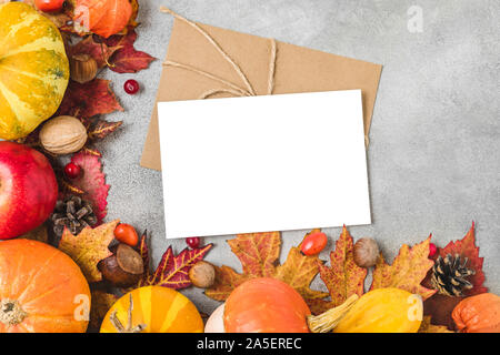 Ringraziamento o autunno sfondo. Bigliettino vuoto con zucche, caduta foglie, fiori secchi, frutti di bosco e i dadi sulla tabella di calcestruzzo. Piatto, laici vi superiore Foto Stock