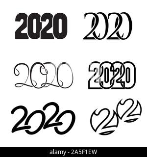 Set di cifre 2020 numeri di legame anno nuovo simbolo isolato nero su sfondo bianco Illustrazione Vettoriale
