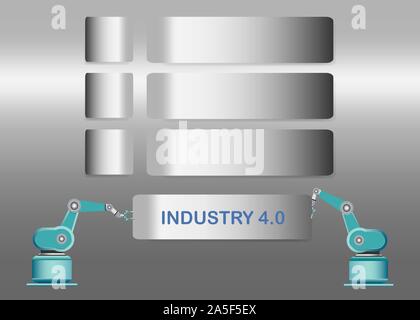 L'industria 4.0 smart factory concetto mostra tre vuoto metallo argento etichette e robot tenendo un cartello industria 4.0. Illustrazione Vettoriale