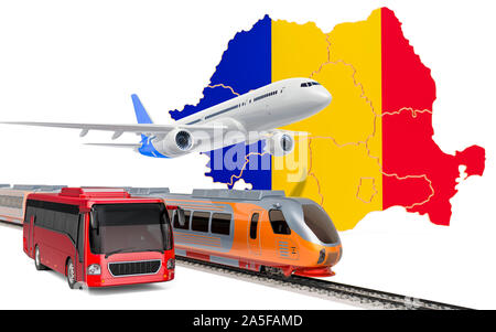 Trasporto passeggeri in Romania da autobus, treni e aerei, concetto. 3D rendering isolati su sfondo bianco Foto Stock