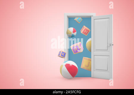 3D rendering del bianco aperto porta sul gradiente dello sfondo rosa e molti windballs e blocchi di ABC battenti di porta. Foto Stock