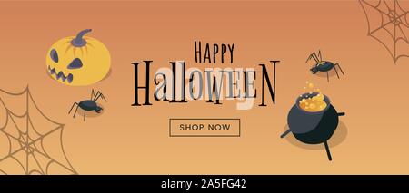 Halloween Vendita banner web template vettoriale. Stagionale tradizionale evento di shopping di un poster promozionale, il negozio online landing page layout. Vacanza all'ingrosso di pubblicità su internet con illustrazione piatta Illustrazione Vettoriale