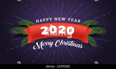 Merry Christmas banner template vettoriale. Stagione invernale holiday greeting card design con felice anno nuovo tipografia. Red Ribbon di festa con 2020 numero e Abete rami su sfondo viola Illustrazione Vettoriale