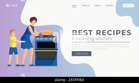 Migliori Ricette landing page template vettoriale. Tutorial culinaria website homepage idea di interfaccia con piatto illustrazione. Deliziosi dessert fatti in casa per la cottura i banner web, pagina web Concept cartoon Illustrazione Vettoriale