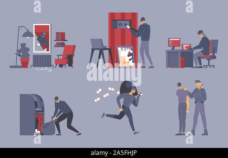 Attività criminali flat illustrazioni vettoriali set. Ladro ladro in maschera e responsabile sicurezza i personaggi dei cartoni animati. Ladro di rottura in casa, picking serratura, computer hacking e fuggire con il denaro Illustrazione Vettoriale