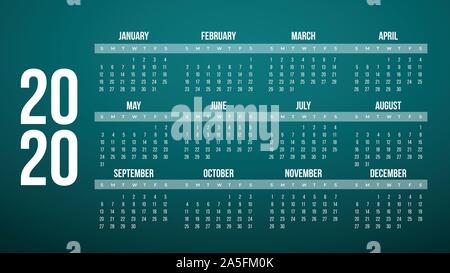 Anno 2020 Calendario o planner griglia . Verde Blu sullo sfondo. Illustrazione Vettoriale. Illustrazione Vettoriale